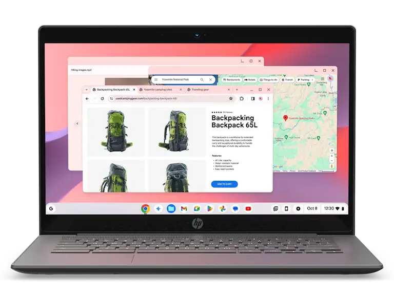 Animation showing a Chromebook opening and previously visited sites / apps appearing on screen, illustrating the speed at which Chromebooks start up