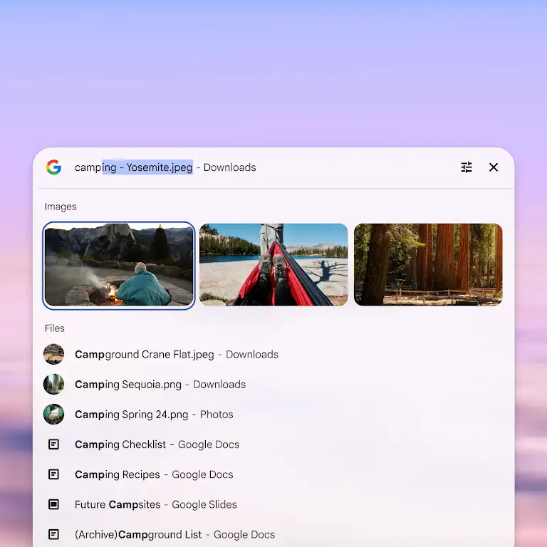Animation showing a user searching "camping" in the Chromebook launcher, which quickly displays related photos and files.