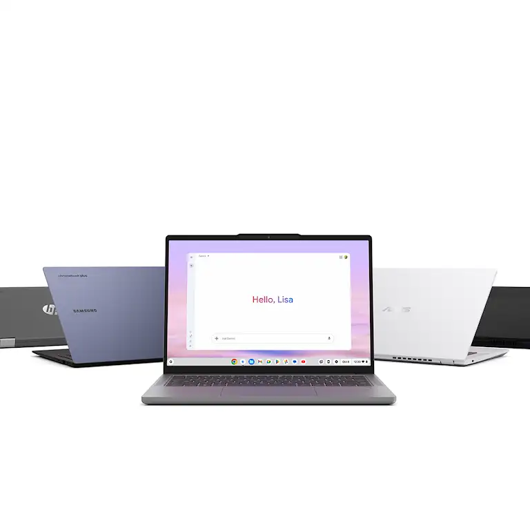 Animation showing Chromebook Plus laptops from multiple brands opening, with a Lenovo laptop featuring the Google Gemini app on screen.