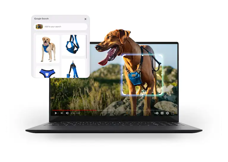 Animation of the Select to Search tool highlighting a dog's harness in a YouTube video, triggering a popup with similar harnesses for purchase.