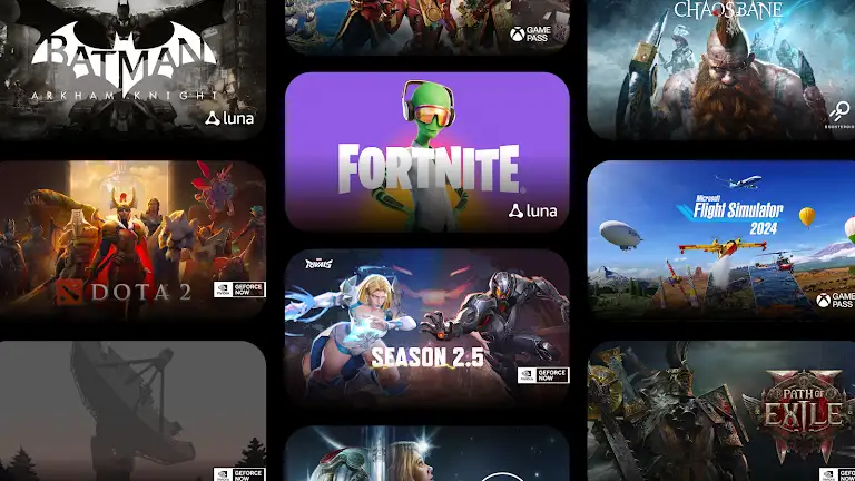 Promotional image for cloud gaming apps, featuring popular titles like Fortnite, Call of Duty, Counter-Strike 2, Grand Theft Auto V and Sims 4.