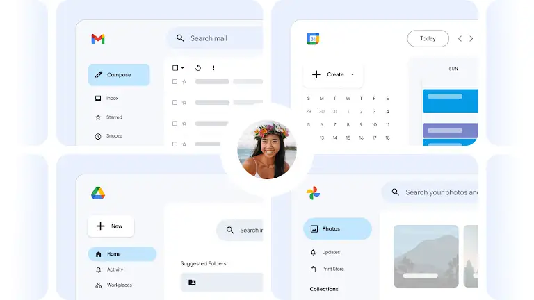 Abstract animation of Google Photos, Drive, Calendar, and Gmail loading upon login, showcasing the simplicity of setting up a Chromebook.
