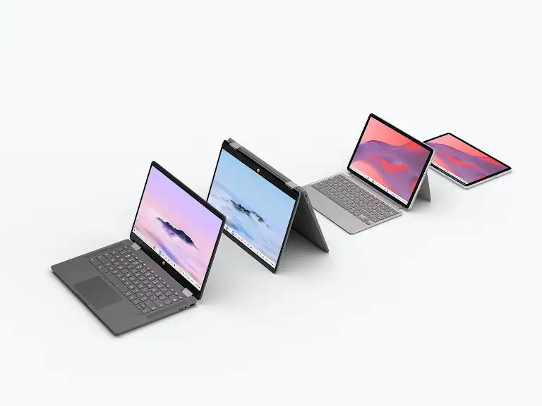 Animation showing three Chromebooks in laptop, 2-in-1, and tablet styles, highlighting the variety of hardware options.
