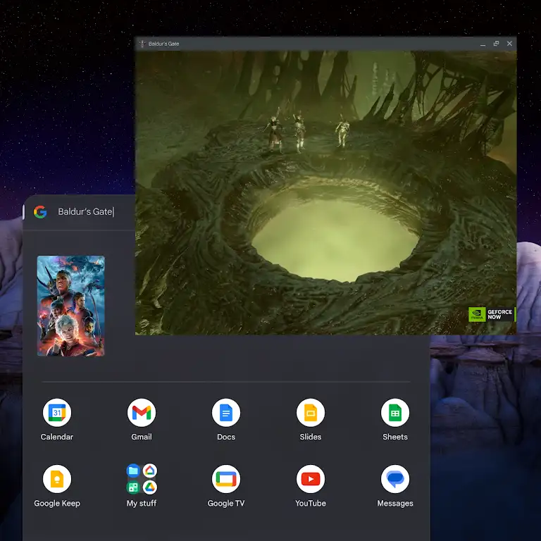 Animation showing someone launching Baldur’s Gate 3 on their Chromebook using the Launcher menu.