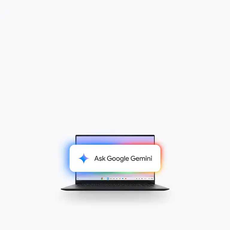 Animation showing a Chromebook Plus laptop opening and “Ask Google Gemini” appearing on the laptop.